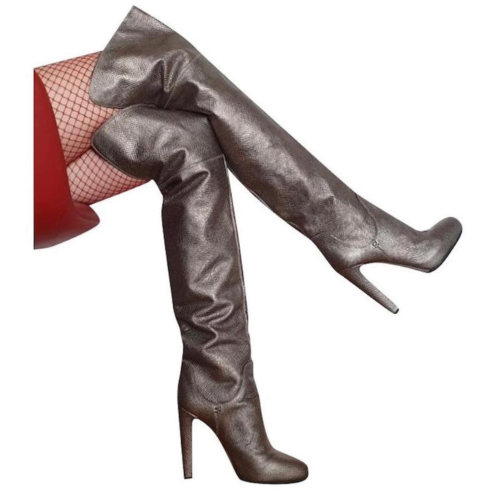 Sergio Rossi Boots Metallic Bronze Lizard Embossed Leather Over knees Size 7